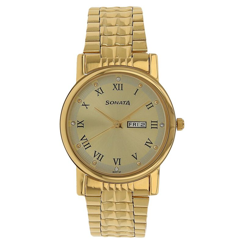Sonata Quartz Analog with Day and Date Champagne Dial Stainless Steel Strap Watch for Men