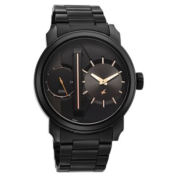 Fastrack Pulse IV Dual Time Analog Watch with Black Dial & Black Stainless Steel Strap For Guys