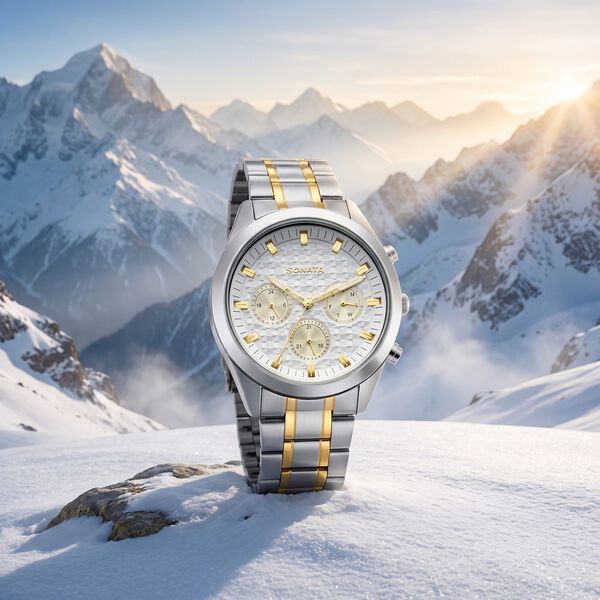Sonata Multifunction White Dial Two Toned Metal Strap Watch For Men - image number 0