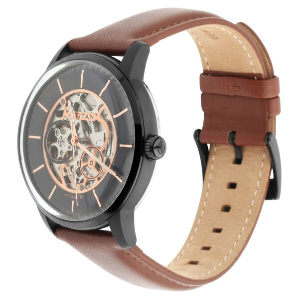 Titan Automatics Black Dial Tan Leather Strap Watch - image number 2