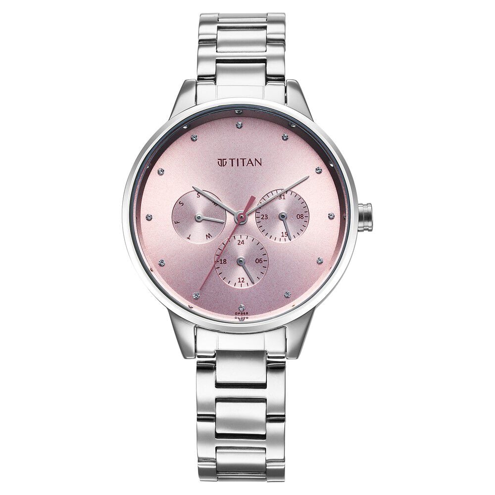 Titan Razzle Dazzle Quartz Analog with Day and Date Pink Dial Silver Stainless Steel Strap Watch For Women-image-25