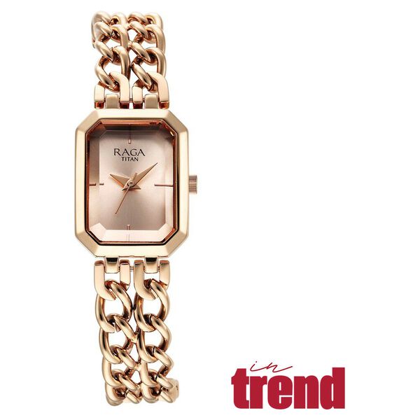 Titan Raga Showstopper Quartz Analog Rose Gold Dial Rose Gold Metal Strap Rectangular Shaped Watch For Women - image number 0