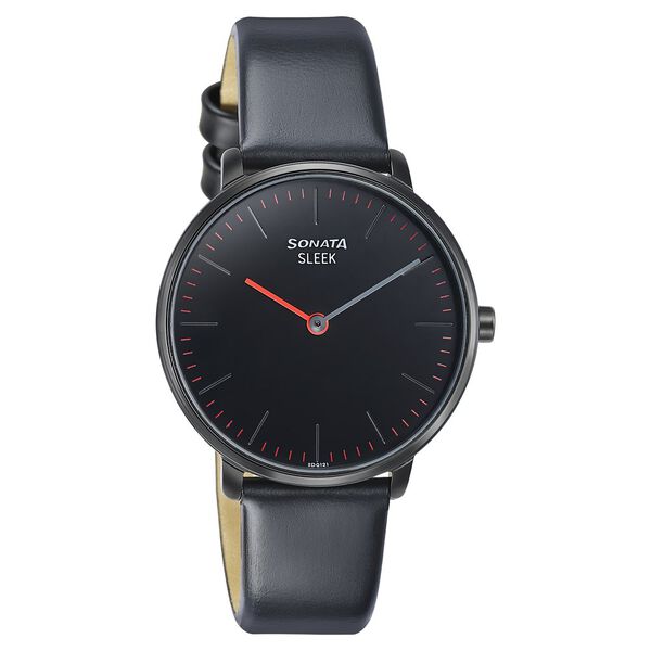 Sonata Sleek Quartz Analog Black Dial Black Leather Strap Watch for Women - image number 1