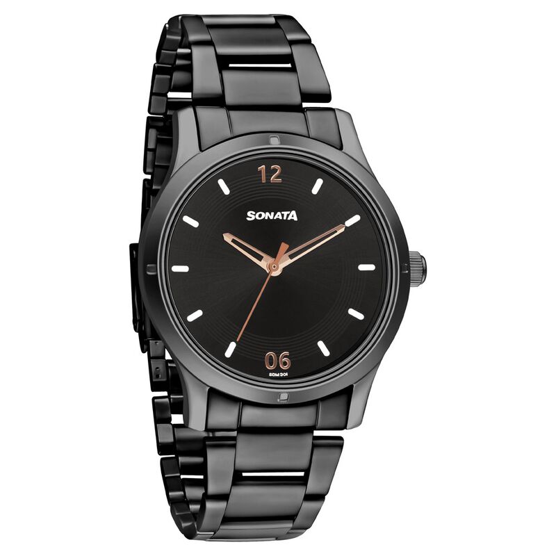 Sonata Women of Steel Black Dial Stainless Steel Strap Watch for Women