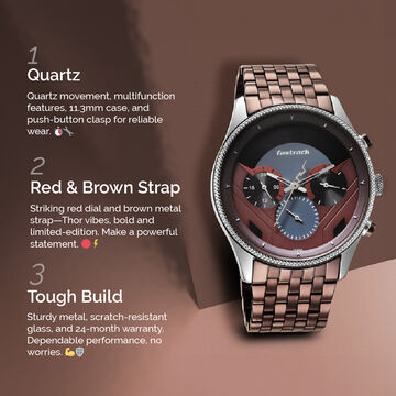 Fastrack Thor Quartz Multifunction Red Dial Metal Strap Watch for Guys