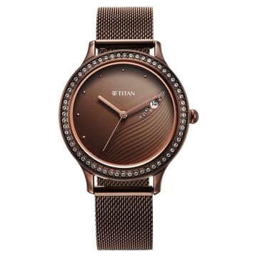 Titan Purple Glam It Up Brown Dial Analog with Date Stainless Steel Strap Watch for Women