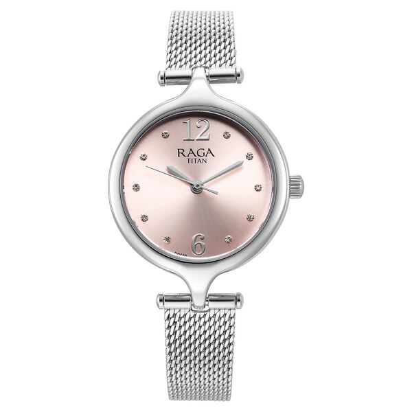 Titan Raga Showstopper Quartz Analog Pink Dial Silver Metal Strap Watch For Women - image number 0
