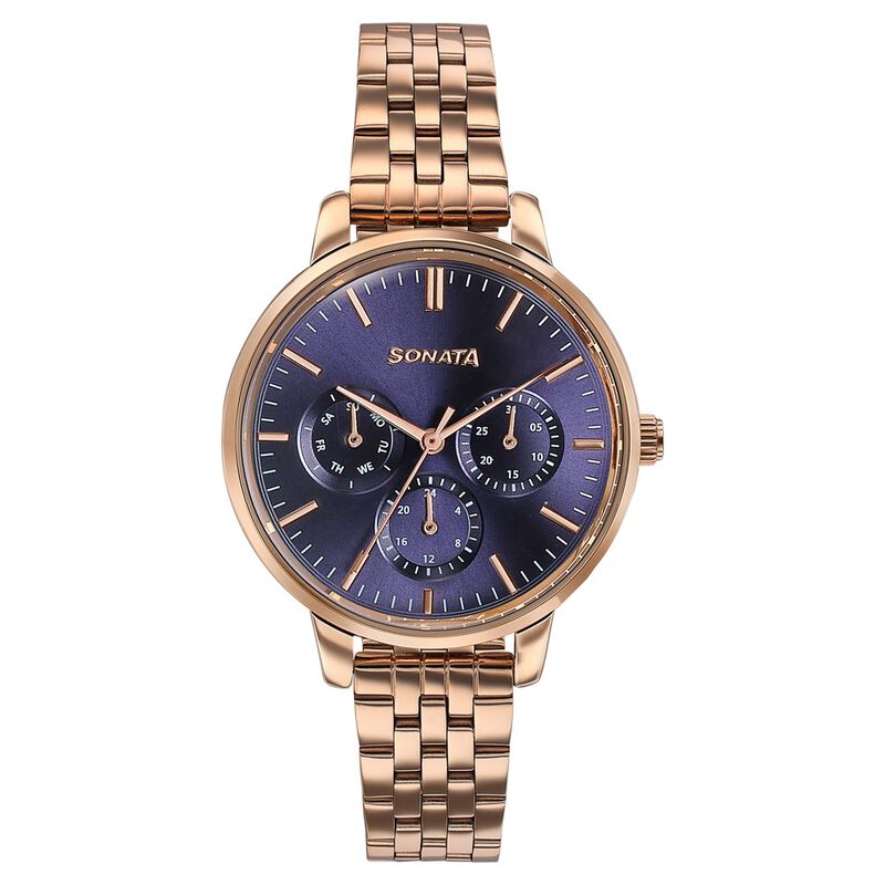 Sonata Verve Quartz Multifunction Blue Dial Rose Gold Metal Strap Watch For Women