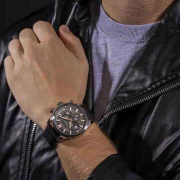 Police Quartz Multifunction Grey Dial Black Leather Strap Watch For Men
