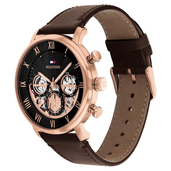 Tommy Hilfiger Multifunction Black Dial Brown Leather Strap Watch For Men - image number 1
