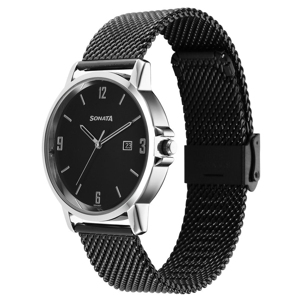 Buy Online Sonata Quartz Analog Black Dial Watch for Men 77083km01 Titan