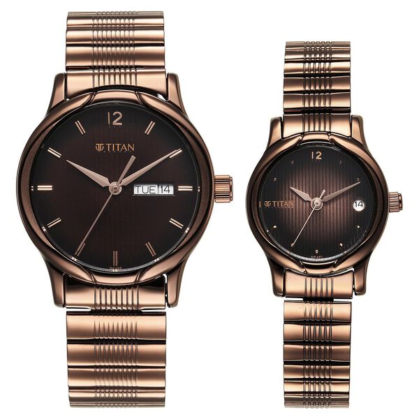 Titan Bandhan Quartz Analog with Date Brown Dial Stainless Steel Strap Watch for Couple - image number 0