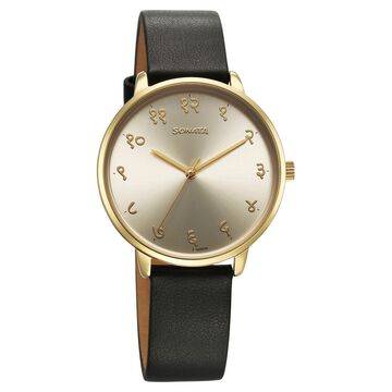 Sonata Regional Edition Hindi Quartz Analog Golden Dial Leather Strap Watch For Women
