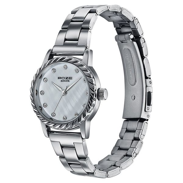 Poze By Sonata Quartz Analog White Mother of Pearl Dial Silver Metal Strap Watch For Women - image number 4