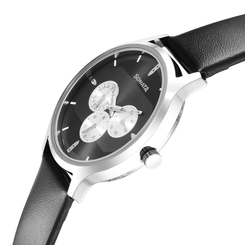 Buy Online Sonata Force Quartz Multifunction Black Dial Leather