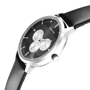Sonata Force Quartz Multifunction Black Dial Leather Strap Watch for Men