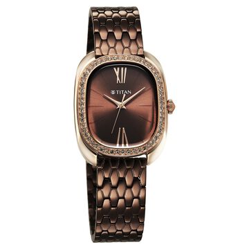 Titan Purple Glamour Quartz Analog Brown Dial Brown Stainless Steel Strap Watch For Women