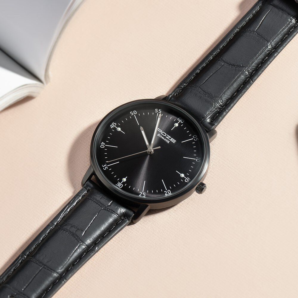 Sonata black leather watch top