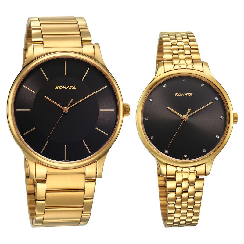 Sonata Pair Quartz Analog Black Dial Stainless Steel Strap Watch for Couple