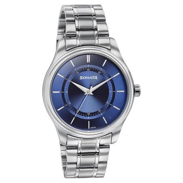 Sonata Quartz Analog Blue Round Dial Silver Stainless Steel Strap Watch For Men