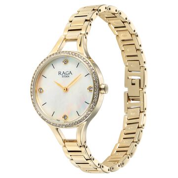 Titan Raga Showstopper Quartz Analog Mother Of Pearl Round Dial Golden Metal Strap Watch For Women