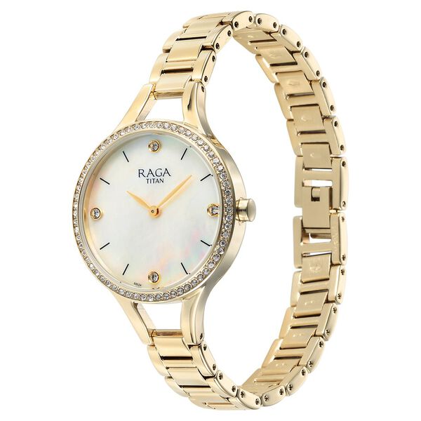 Titan Raga Showstopper Quartz Analog Mother Of Pearl Round Dial Golden Metal Strap Watch For Women - image number 2