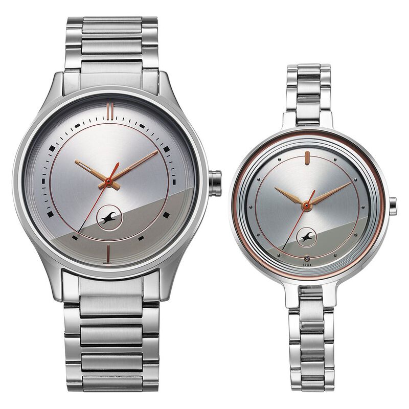 Fastrack Mixmatched Quartz Analog Silver Dial Silver Stainless Steel Strap Watch For Couple
