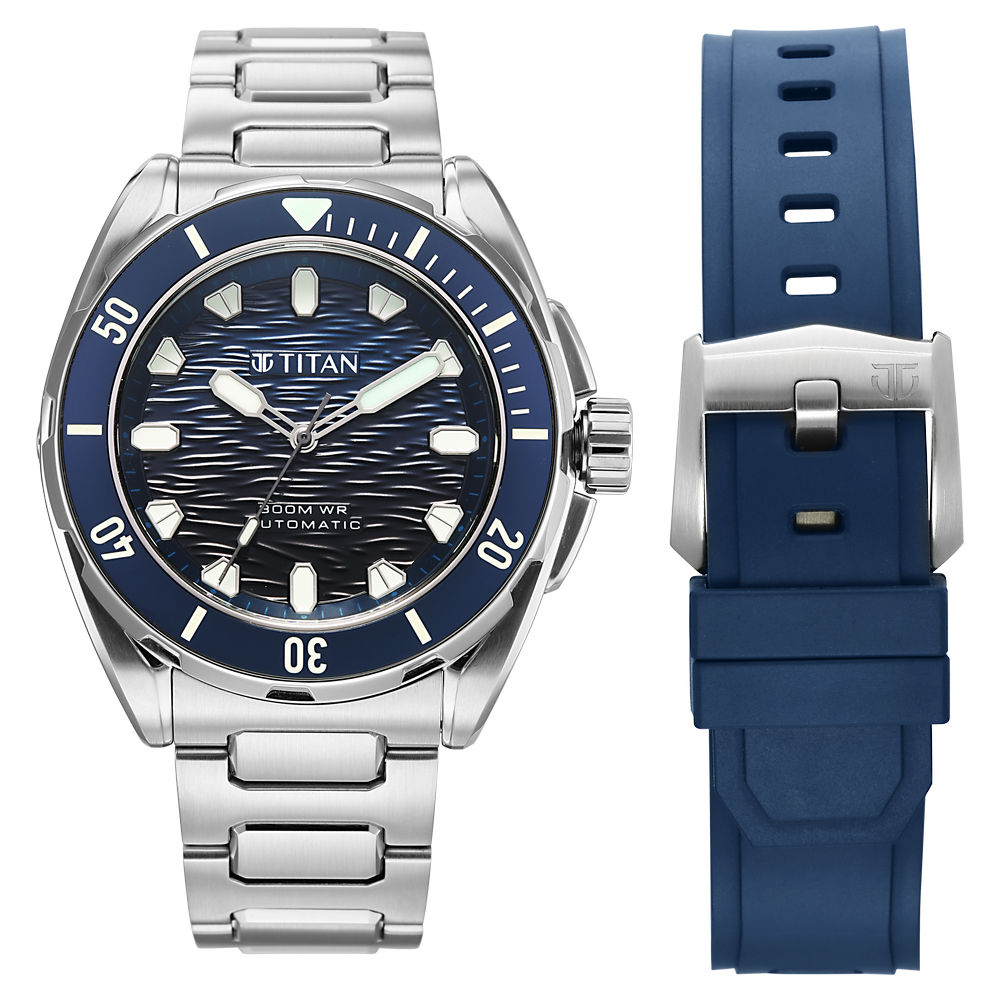 Titan Zero Hour Diver's 300m Automatic Analog with Blue Dial Silver Stainless Steel & Blue FKM Strap Watch for Men-image-45