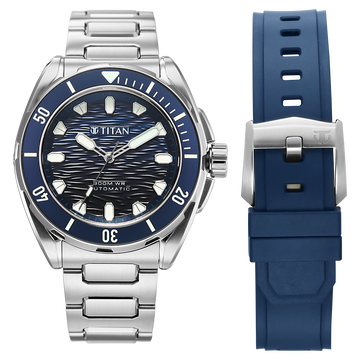 Titan Zero Hour Diver's 300m Automatic Analog with Blue Dial Silver Stainless Steel & Blue FKM Strap Watch for Men