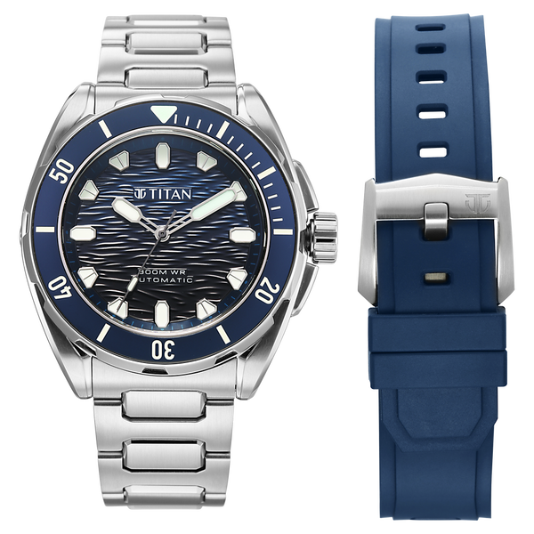 Titan Zero Hour Diver's 300m Automatic Analog with Blue Dial Silver Stainless Steel & Blue FKM Strap Watch for Men - image number 0