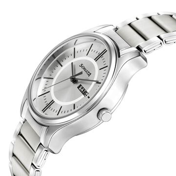 Sonata Quartz Analog with Day and Date Silver Dial Silver Stainless Steel Strap Watch For Men