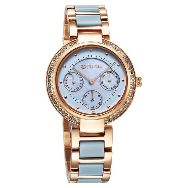 Titan Acetate Quartz Multifunction Mother Of Pearl Dial Two Toned Strap Watch for Women - image number 1