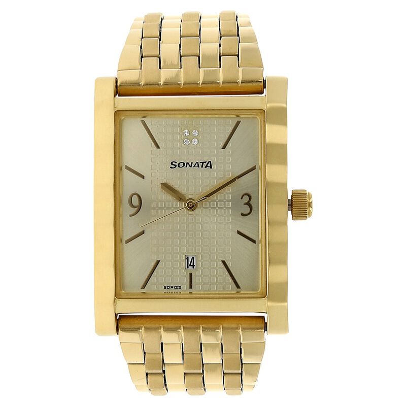 Sonata Quartz Analog with Date Champagne Dial Stainless Steel Strap Watch for Men