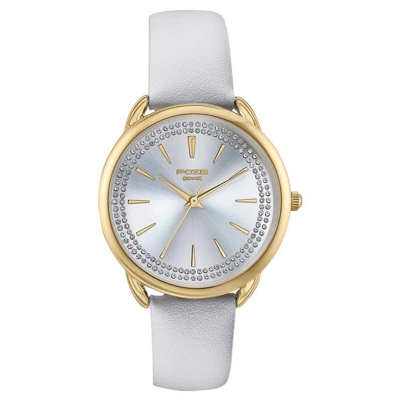 Sonata Poze Quartz Analog Silver Dial Leather Strap Watch For Women