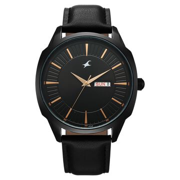 Fastrack Stunners Quartz Analog Black Dial Black Leather Strap Watch For Guys