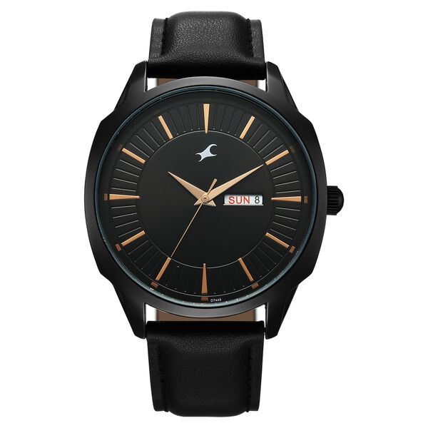 Fastrack Stunners Quartz Analog Black Dial Black Leather Strap Watch For Guys - image number 0