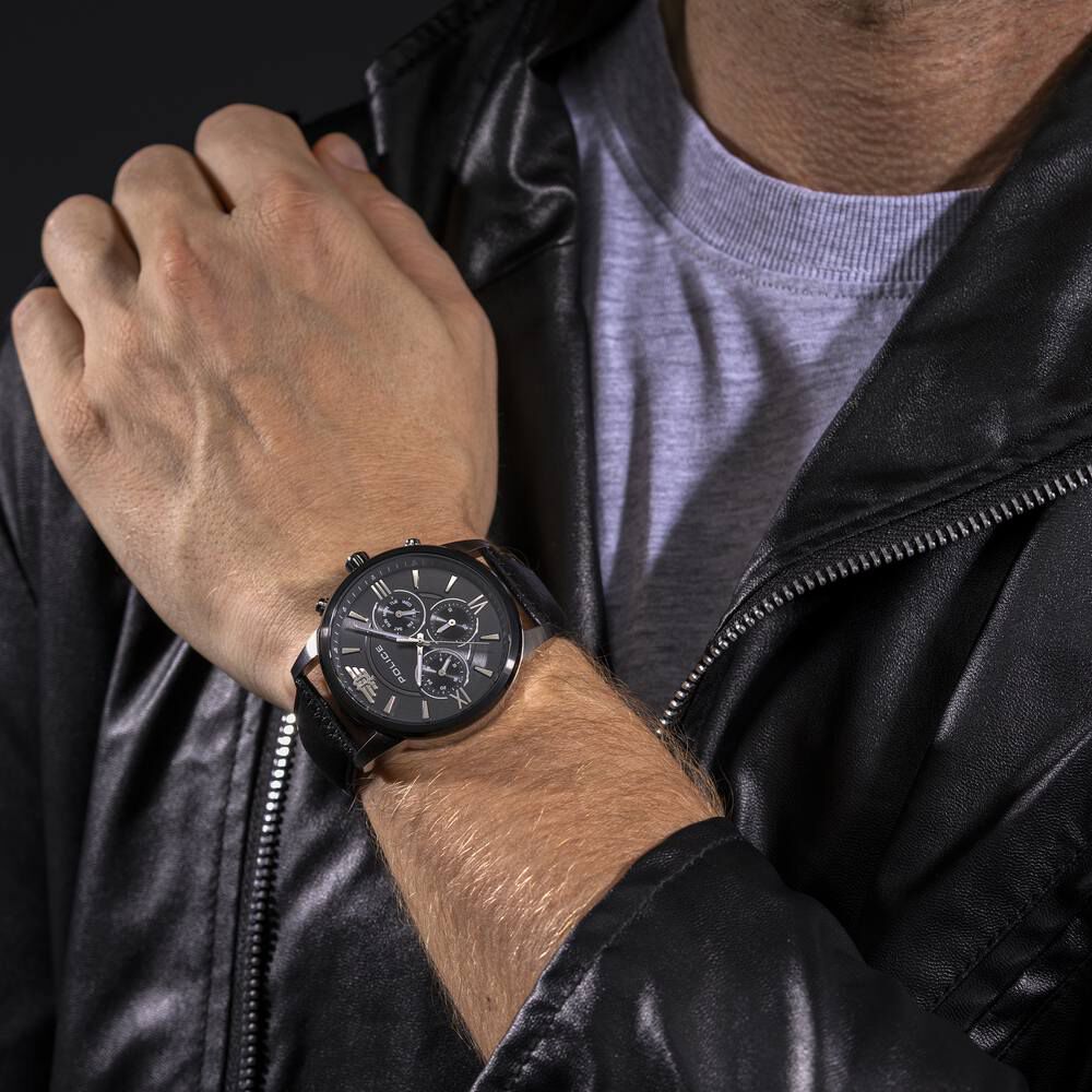 Buy Online Police Quartz Multifunction Grey Dial Black Leather Strap Watch for Men plpewgf0040440 Titan