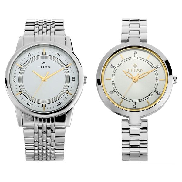 Titan Bandhan Quartz Analog Silver Dial Silver Stainless Steel Strap Watch For Couple - image number 0