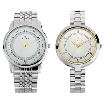 Titan Bandhan Quartz Analog Silver Dial Stainless Steel Strap Watch for Couple