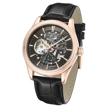 Kenneth Cole Mechanical Hand Wound Analog Mechanical Grey Dial With Black Leather Strap Watch For Men