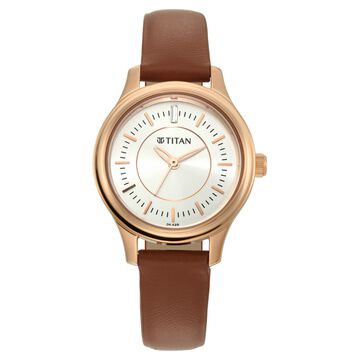 Titan Quartz Analog Silver Dial Tan Leather Strap Watch For Women