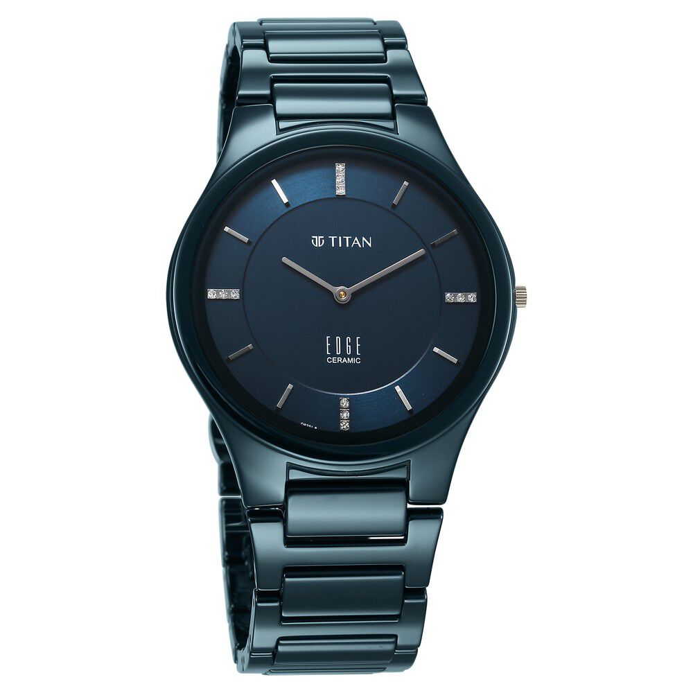 Buy Online Titan Edge Ceramic Slim Ceramic Strap Blue Dial With Diamonds Analog Watch for Men 1696qc09 Titan