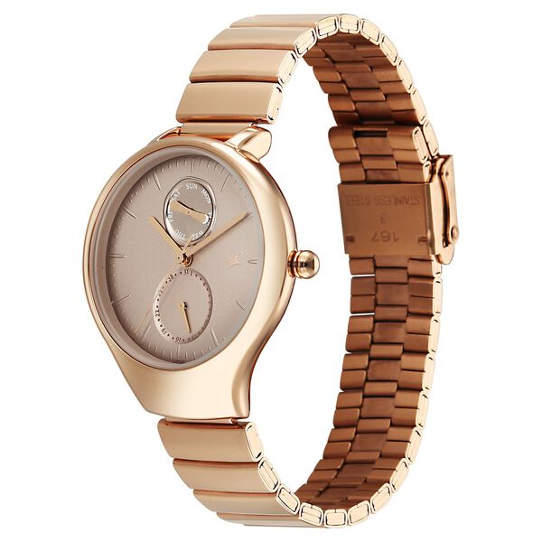 Fastrack Gelato rosegold multifunction metal strap watch with Caramel dial for Girls - image number 4