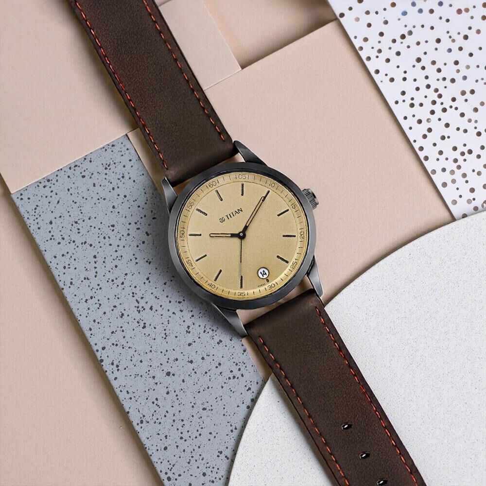 Titan Men's Timeless Style Watch: Refined Gold Dial and Leather Strap