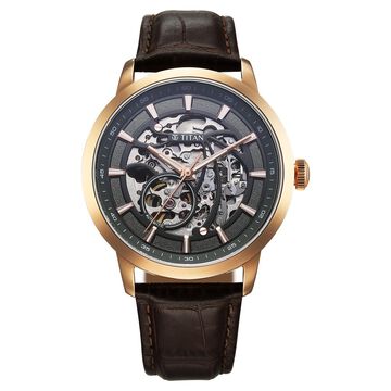Titan Phoenix Skeletal Automatic Analog with Gun Dial Brown Leather Strap Watch for Men