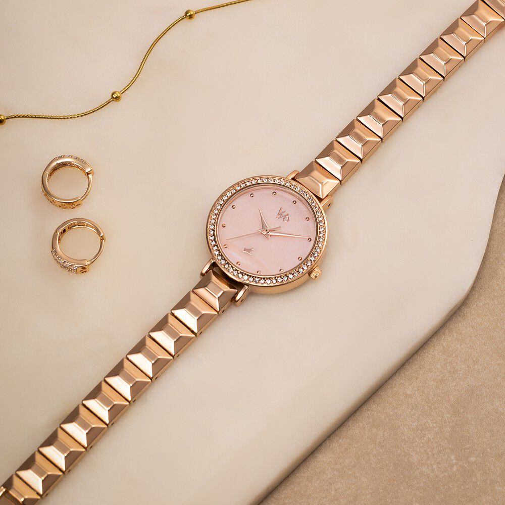 Vyb Enigma By Fastrack Quartz Analog Pink Dial Rose Gold Metal Strap Watch For Girls-image-49