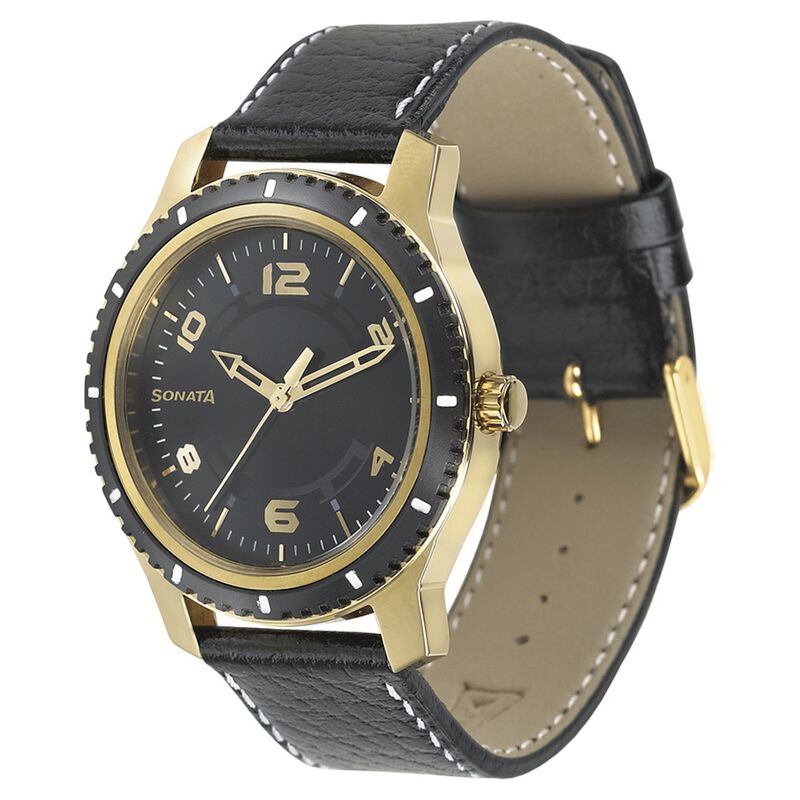 Sonata Quartz Analog Black Dial Leather Strap Watch for Men