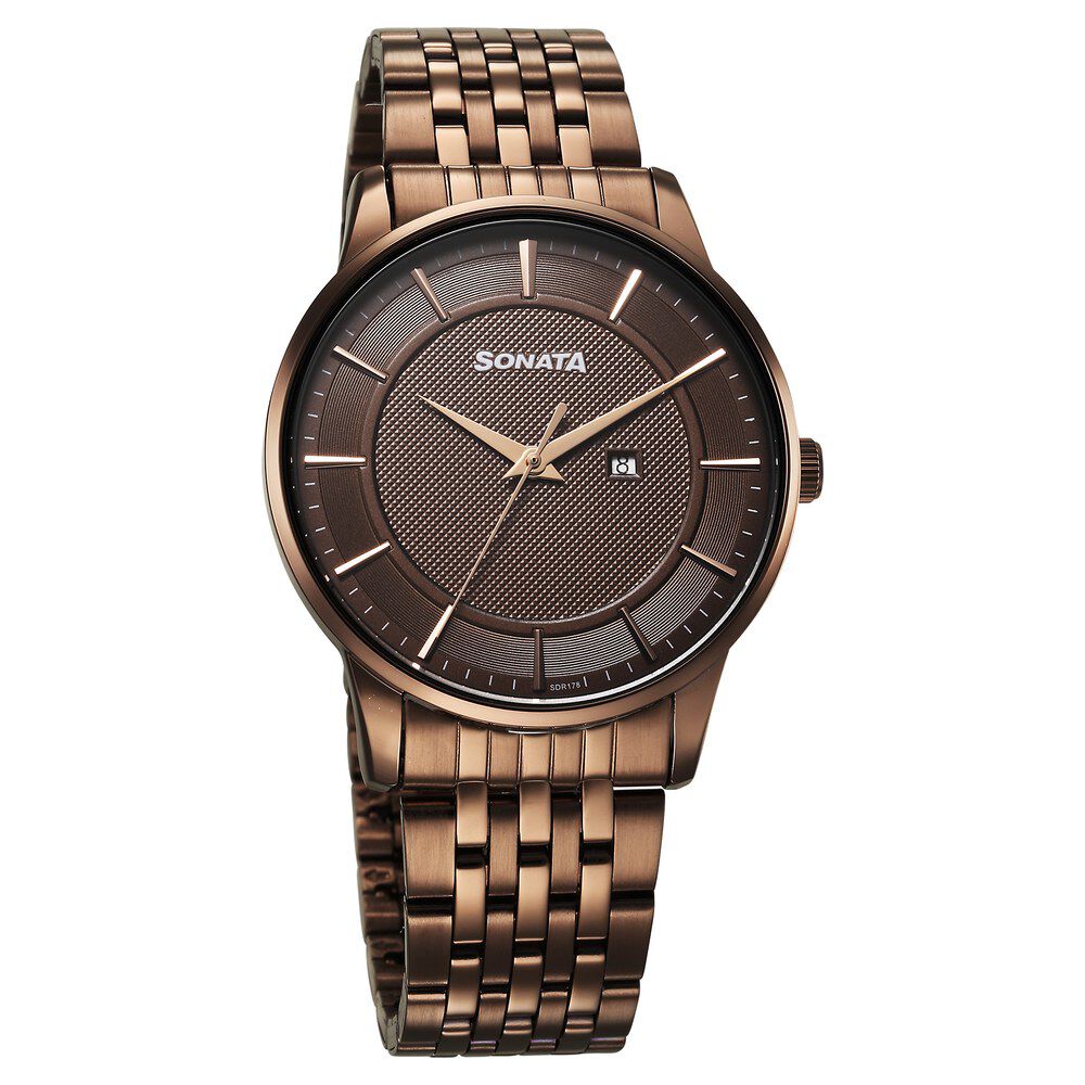 Buy Online Sonata Wedding Quartz Analog Brown Dial Stainless Steel Strap Watch For Men 77153qm02 Titan