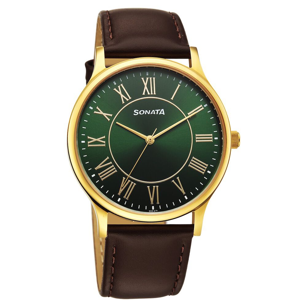 Sonata Traditional Essentials Quartz Analog Green Dial Brown Leather Strap Watch For Men-picture-13