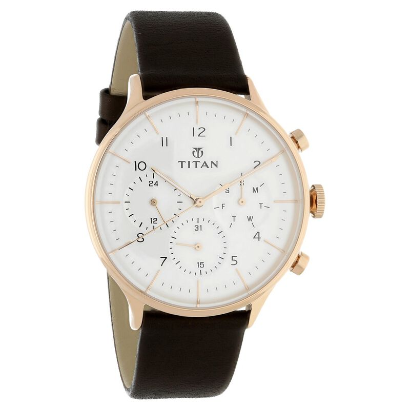 Buy Online Titan Quartz Multifunction White Dial Leather Strap Watch